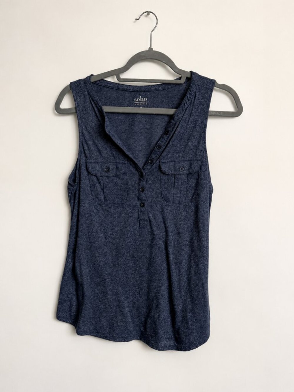 Soho Jeans Navy Heather Sleeveless Henley Pocket Top Size M